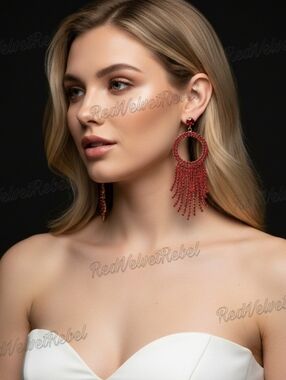 NWT WHBM Red Crystal Fringe Gold Chandelier Hoop Earrings